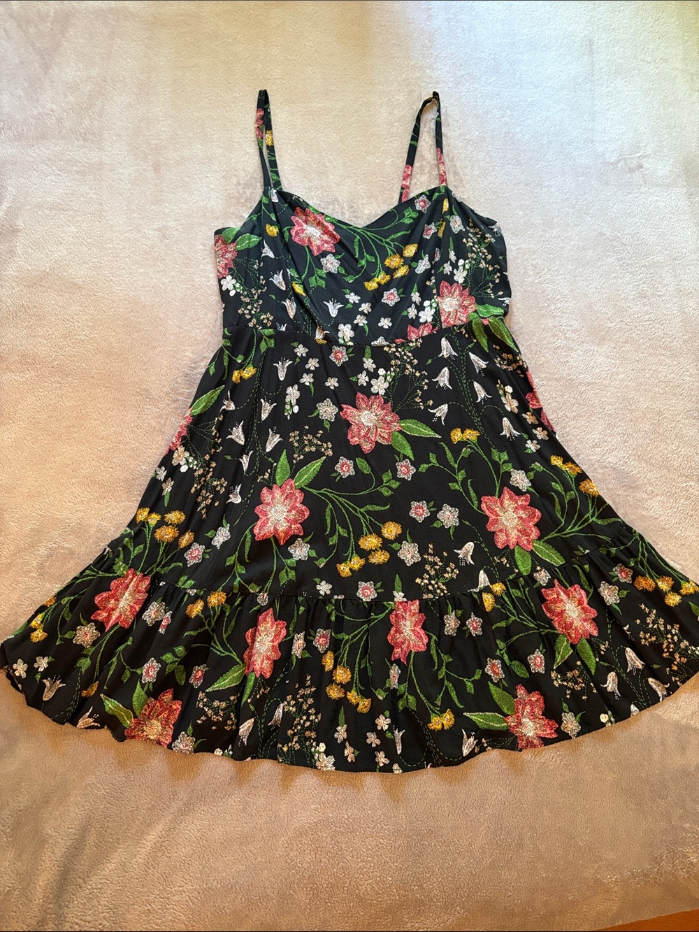Old Navy Black Floral Midi Dress with Pink and Green Accents